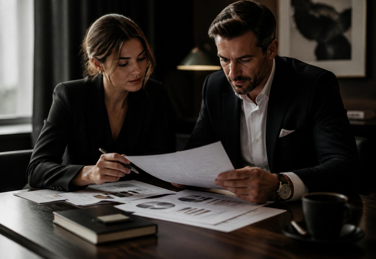 Consultores da Ask! analisando relatórios de pesquisa sobre uma mesa de reunião